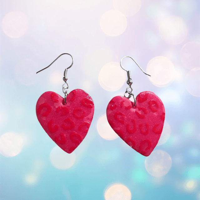Large Pink and Red Leopard Print Heart Polymer Clay Earrings