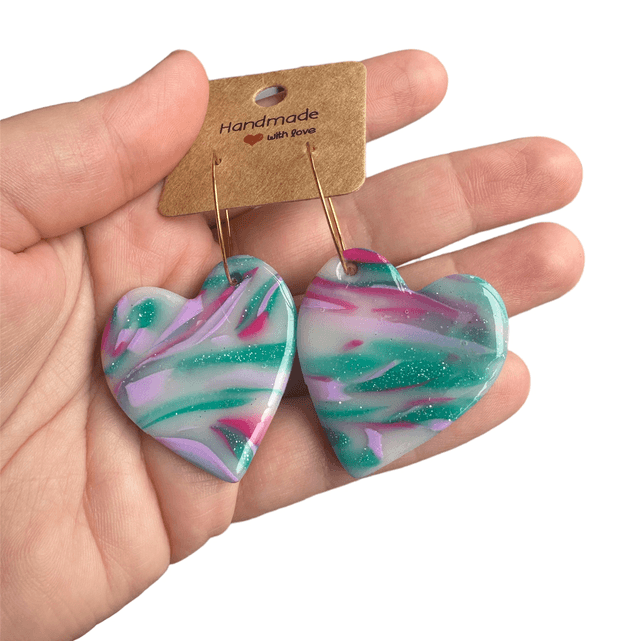 Green Pink and Purple Large Heart Polymer Clay Earrings