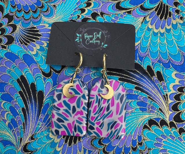 Purple Mosaic Polymer Clay Huggy Hoop Earrings