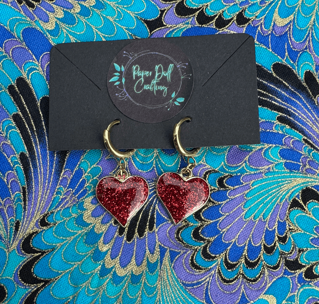 Red Glittery Gold Heart Huggy Hoop Earrings 