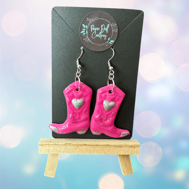 Pink/Silver Glitter Polymer Clay Cowboy Boot Earrings