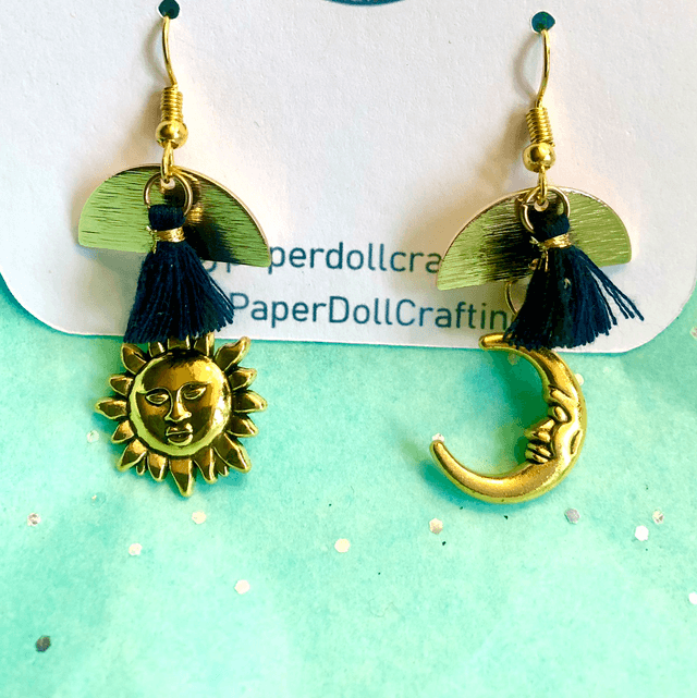 Sun and Moon Mismatched Dangle Earrings with Tassel